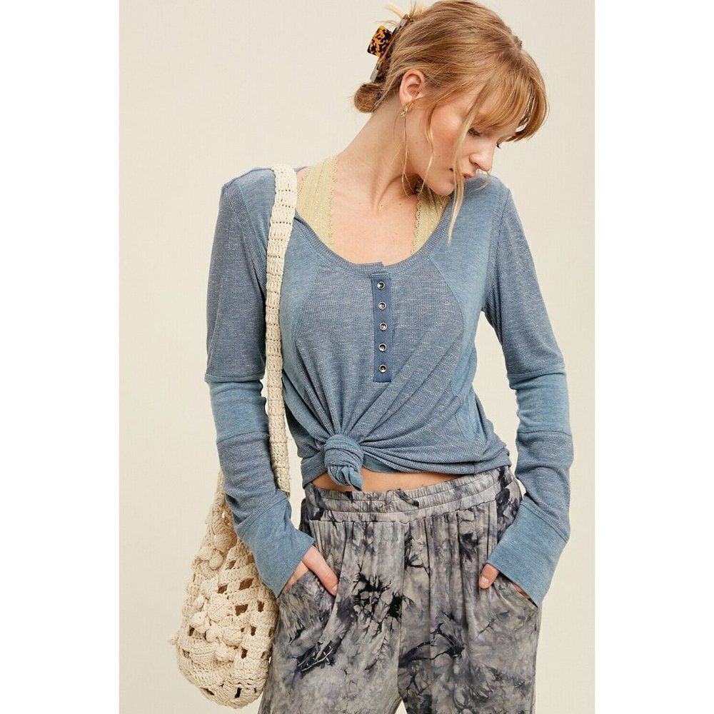 sale! LISTICLE Denim Soft and Relax Knit Top Ribbed Buttons Comfy Layers LT1130